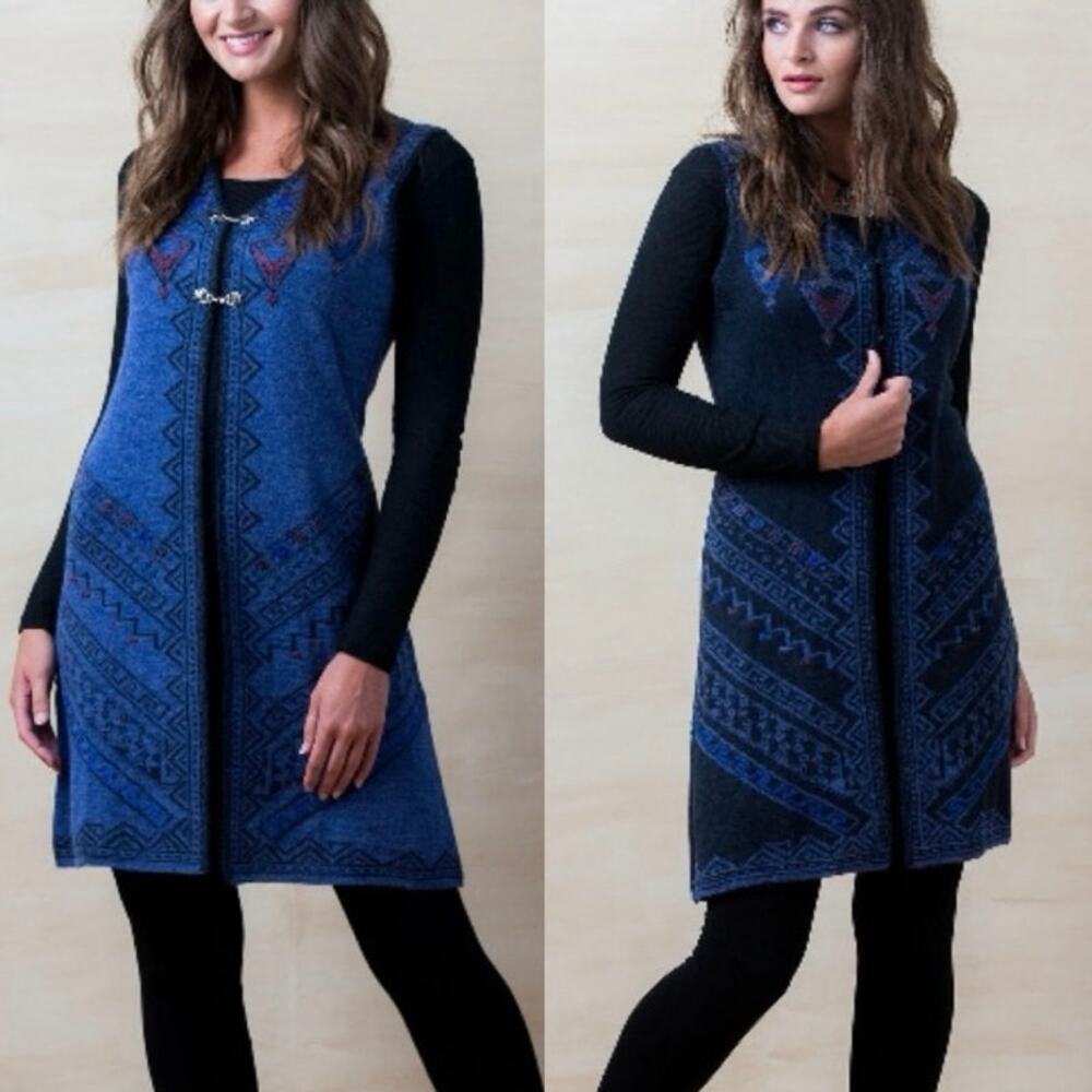 Simply Natural Alpaca Blend Reversible Embroidered Aztec Print Long Duster Vest